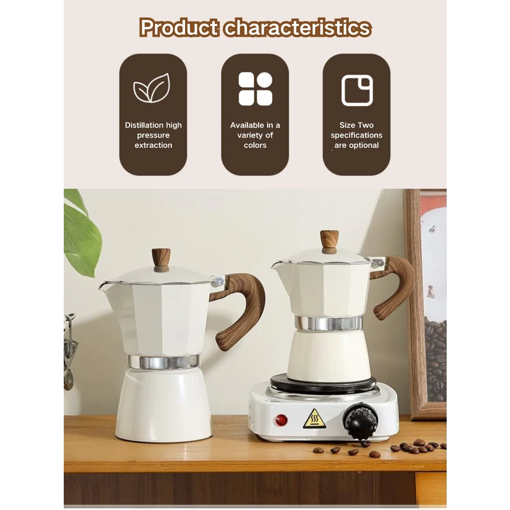 Aluminum Moka Pot Coffee Maker, Stovetop Italian Espresso Style Coffee Percolator with Wooden Handle for Coffee Lovers