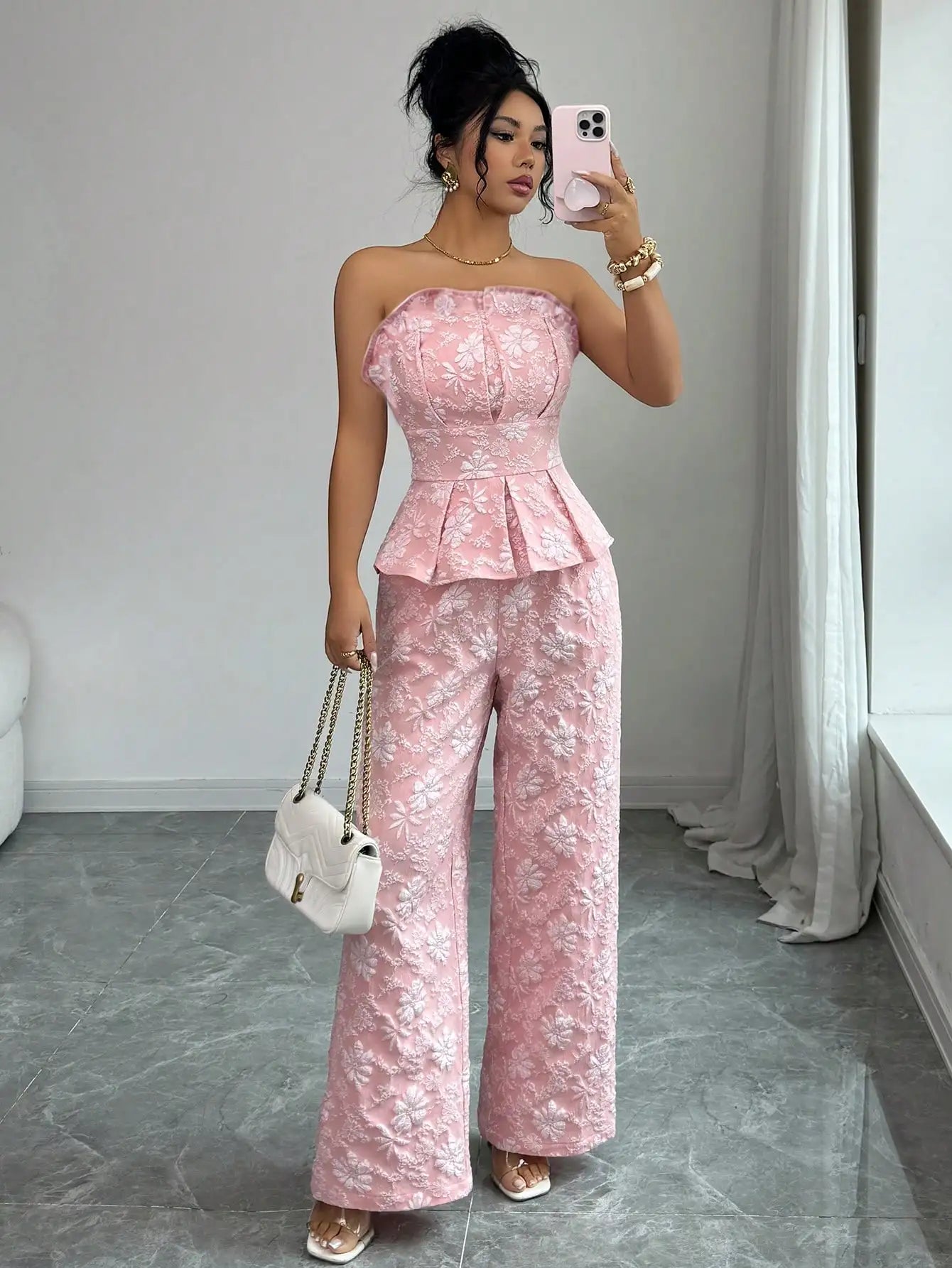 Floral Jacquard Strapless Peplum Top And Wide Leg Pants Set