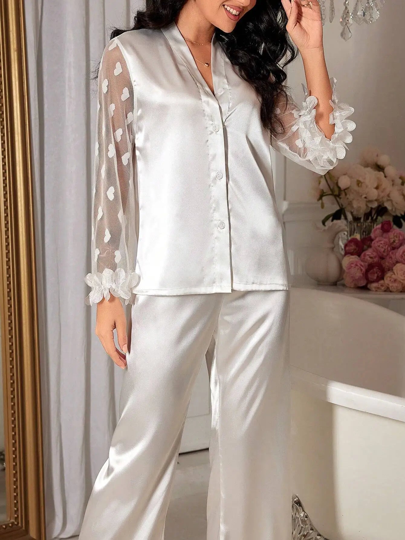 Satin Pajama Set With Floral Lace Sleeves And Ruffled Hem