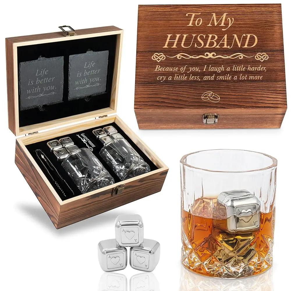 ZUIDID Anniversary Engraved Whisky Glass Gift Set For Husband