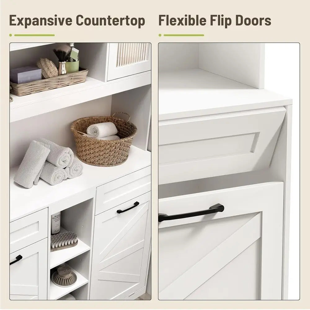 Double Hamper Cabinet With Frosted Glass Door For Bathroom Storage