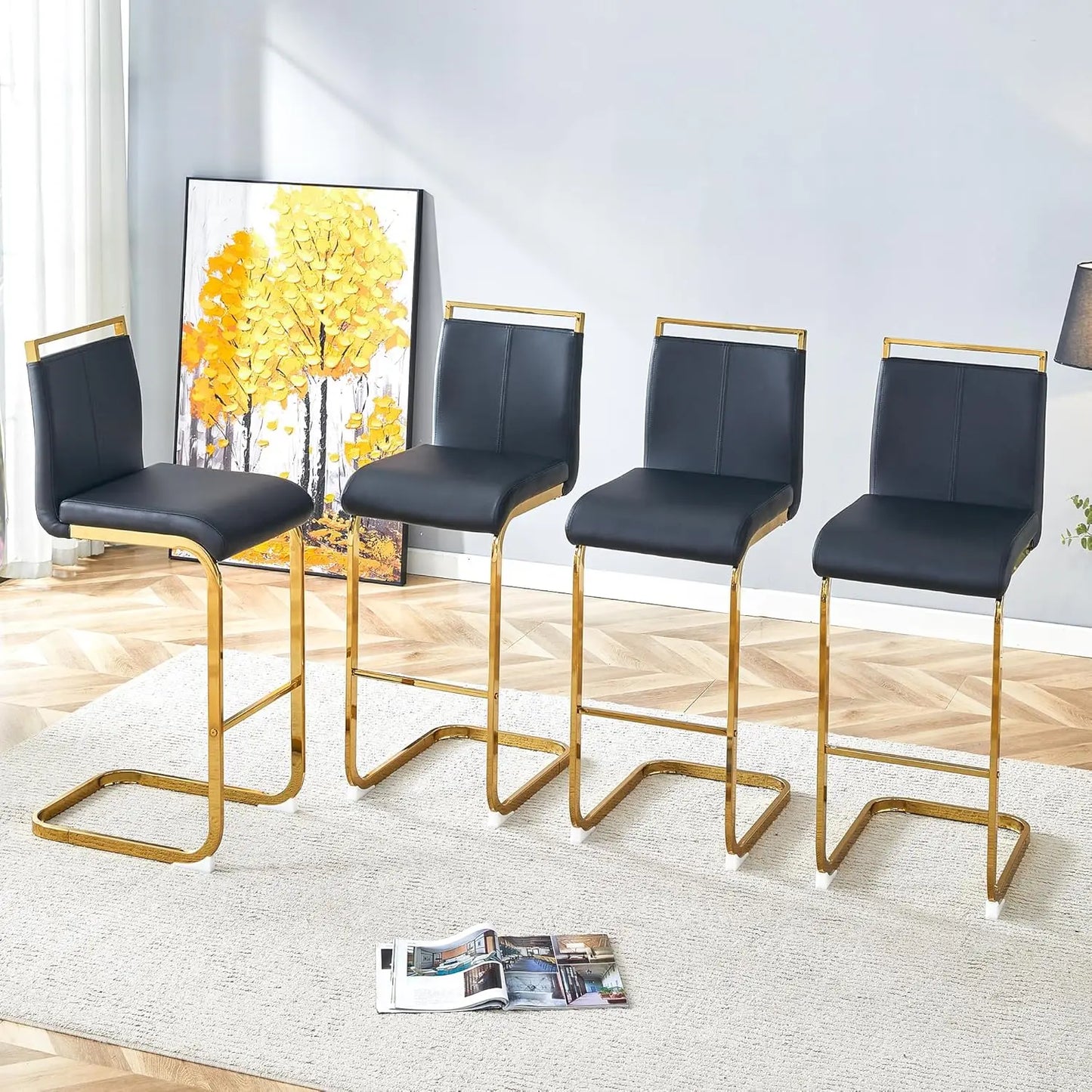 Bar Stools Set of 4,Gold Bar Stools with Back,25" White Island Chairs with Gold Plated Metal Leg,Faux, Customized