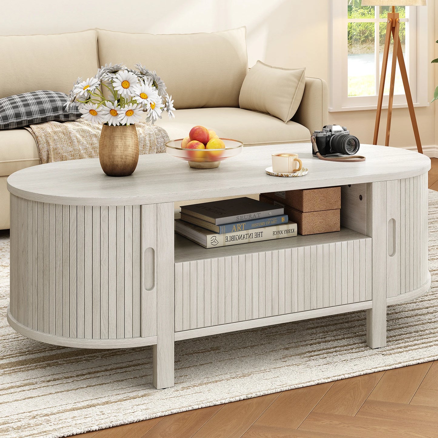 Oval Coffee Table With Cabinets And Sliding Doors Storage
