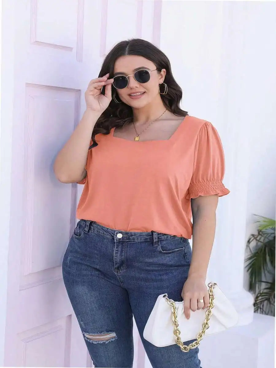 Womens Square Neck Short Sleeve Cotton T Shirt Ruffle Sleeves