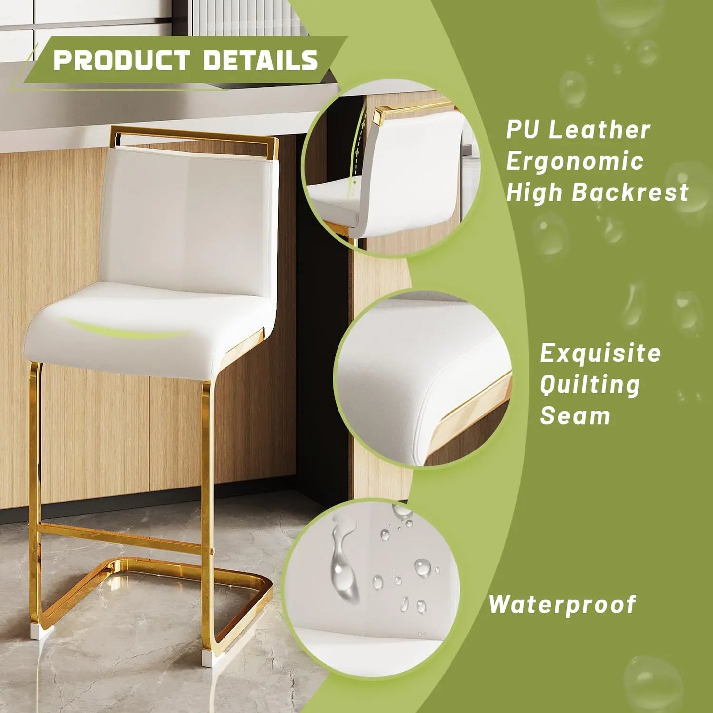 Bar Stools Set of 4,Gold Bar Stools with Back,25" White Island Chairs with Gold Plated Metal Leg,Faux, Customized
