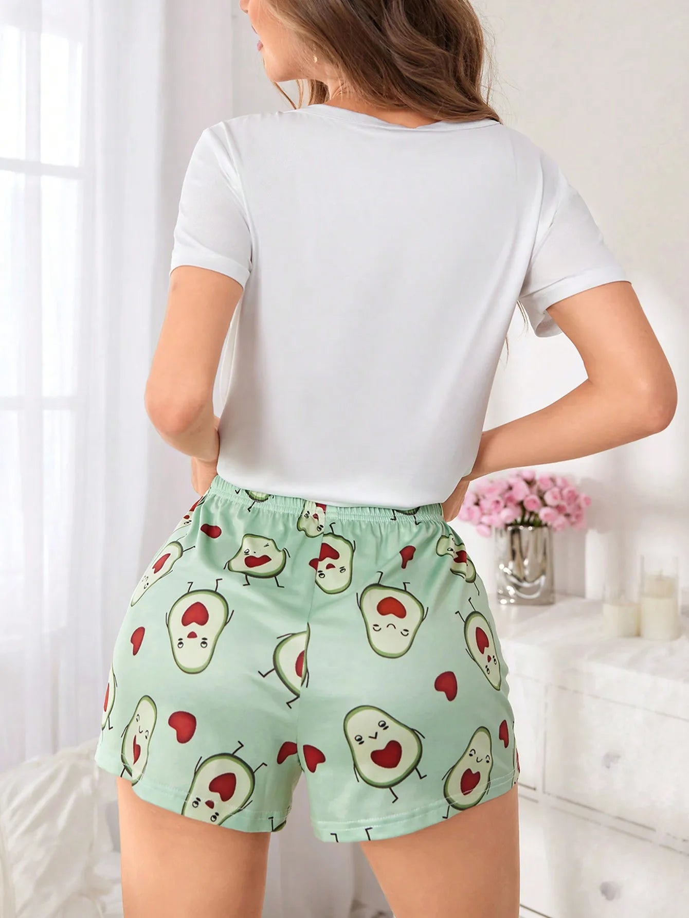 Women's Cute Avocado Print Short Sleeve Pajama Shorts Set