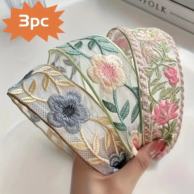 Elegant Chiffon Embroidered Flower Headband For Women Hair Accessories