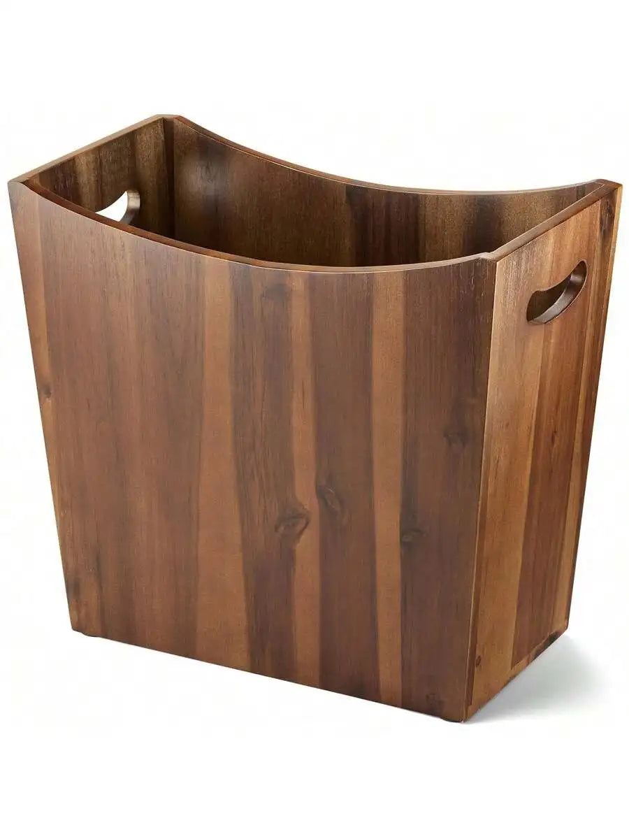 Rectangular Acacia Wood Waste Basket With Handles