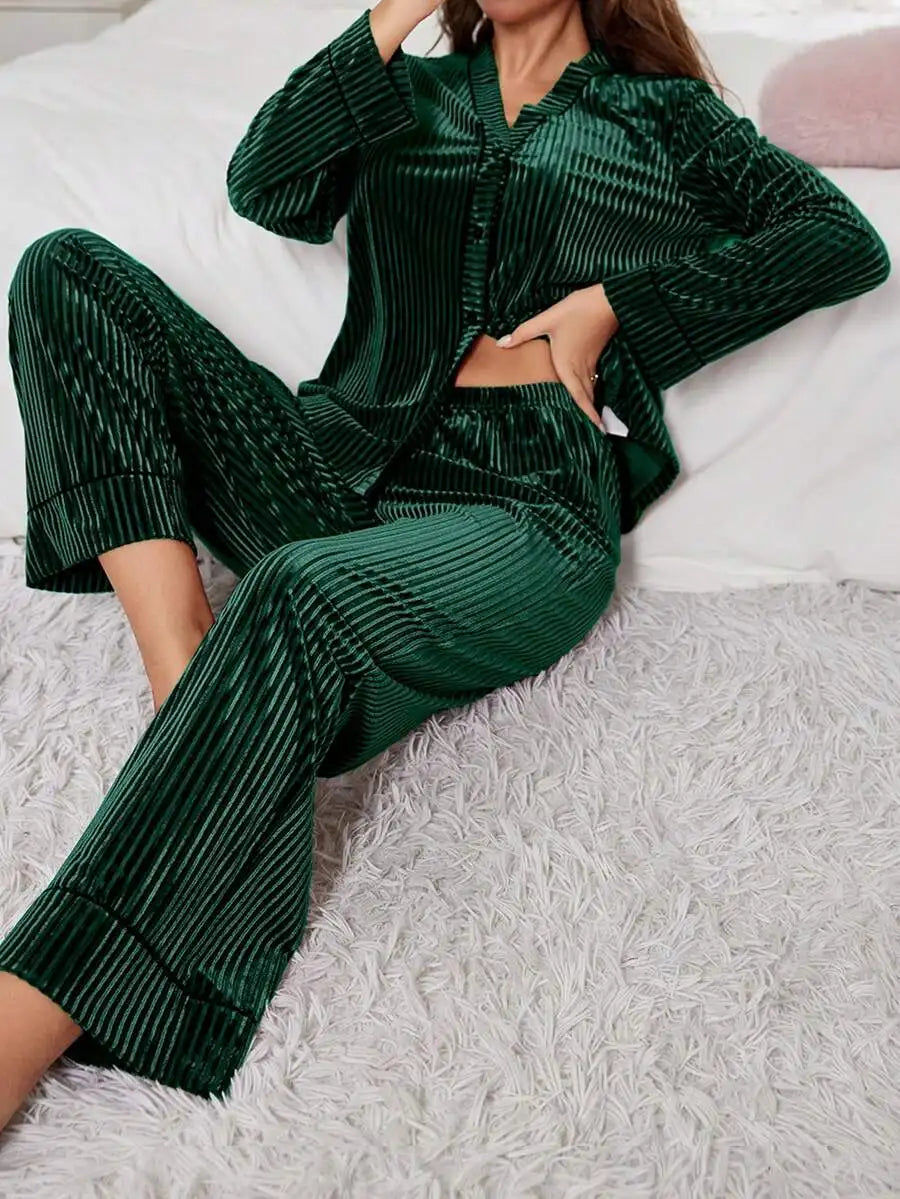 Velvet Long Sleeve Pajama Set With Ribbed Texture