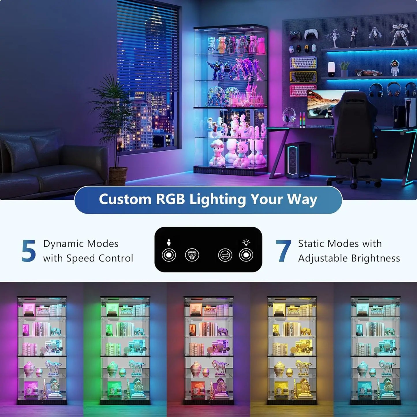 ZHILU Glass Display Cabinet With RGB Lights Curio Showcase