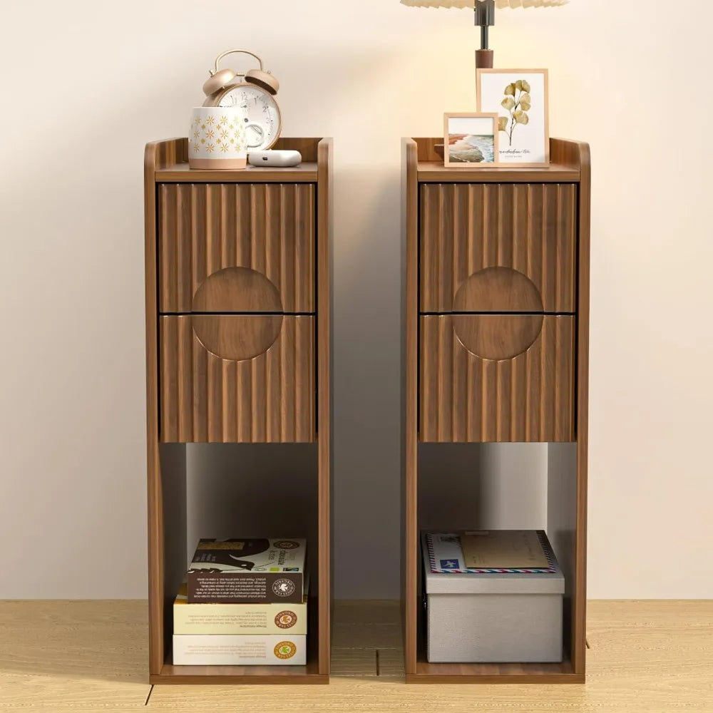 Narrow Fluted Wooden Nightstand With 2 Drawers Slim Bedside Cabinet