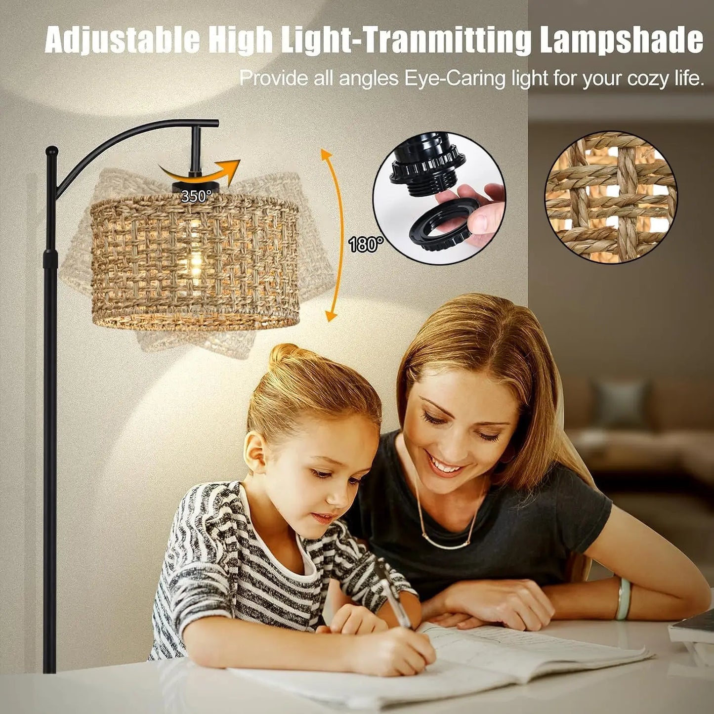 Remote Control Arc Floor Lamp with Adjustable Height and Color Temperature, Rattan Shade for Living Room Bedroom Office