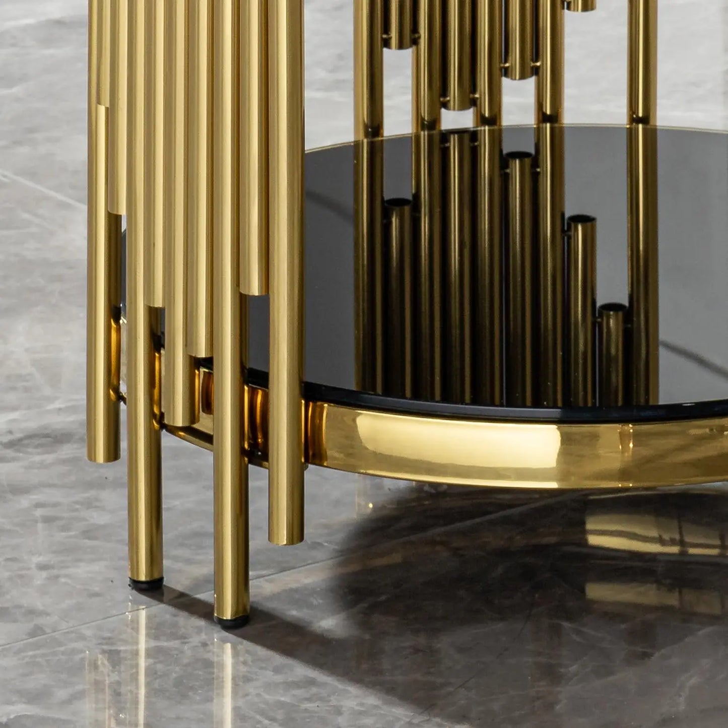 17.72" Round Sofa Side Table, 2-Tier Black Tempered Glass End Table with Gold Stainless Steel Frame for Living, Customized