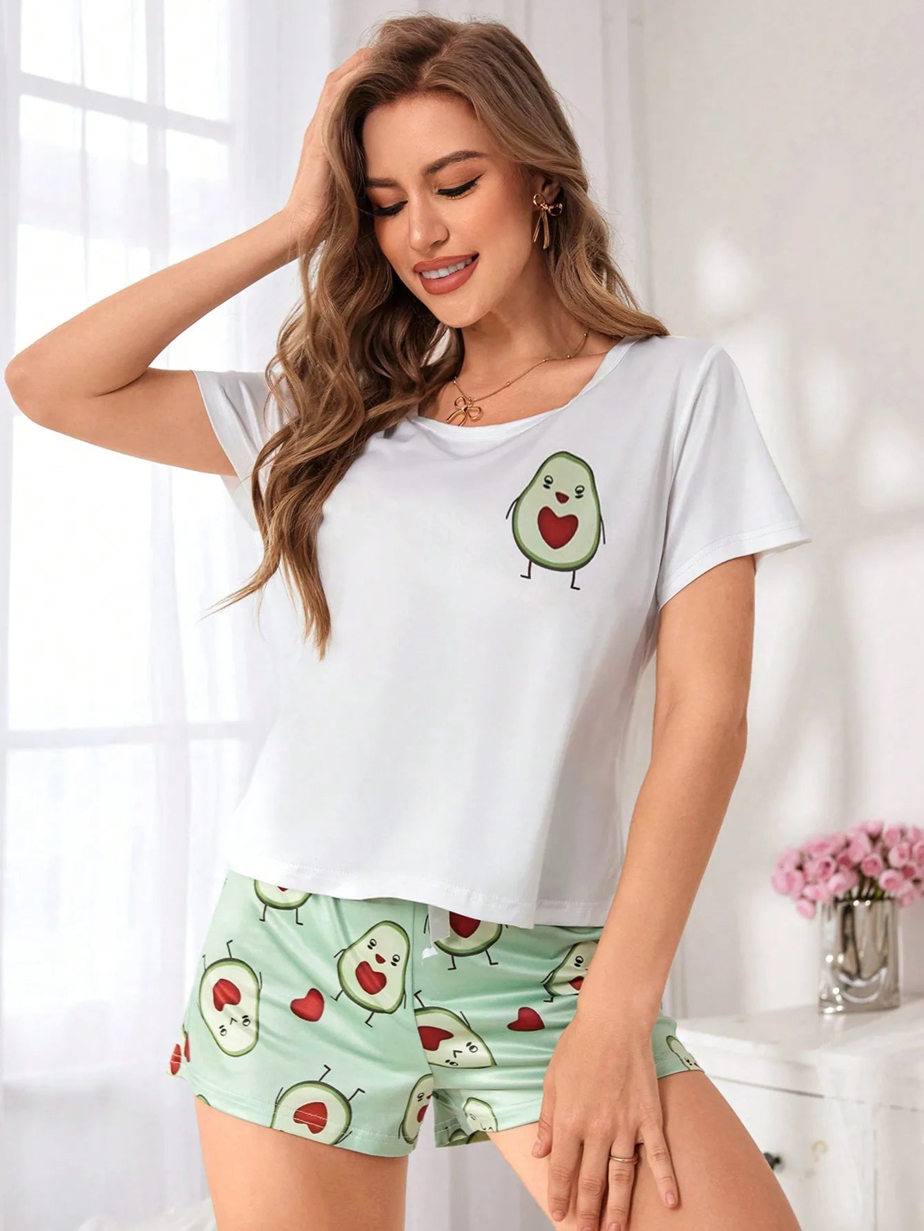 Women's Cute Avocado Print Short Sleeve Pajama Shorts Set