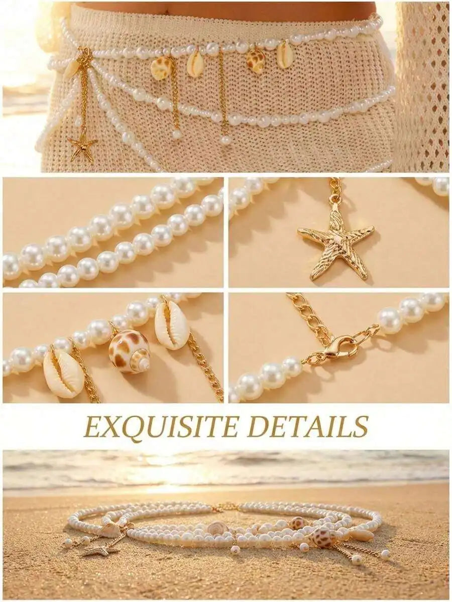 Boho Pearl Shell Starfish Waist Chain Body Jewelry For Women