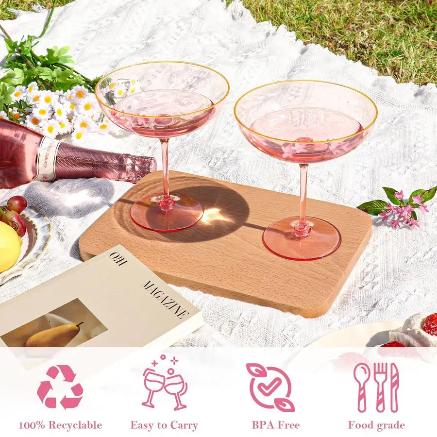 PCS Plastic Coupe Glasses 9 oz Pink Detachable Gold Rim Martini Glass Espresso Champagne Cocktail Cups Disposable Vintage Margar