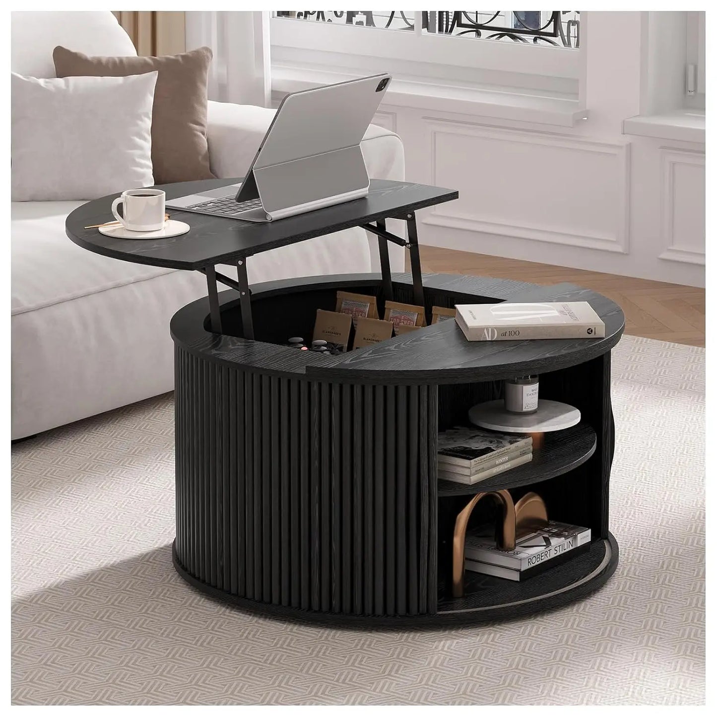 Round Coffee Table with Storage, 31.5" Fluted Center Table for Living Room, Modern Walnut Wood Circle Drum Table, Customized