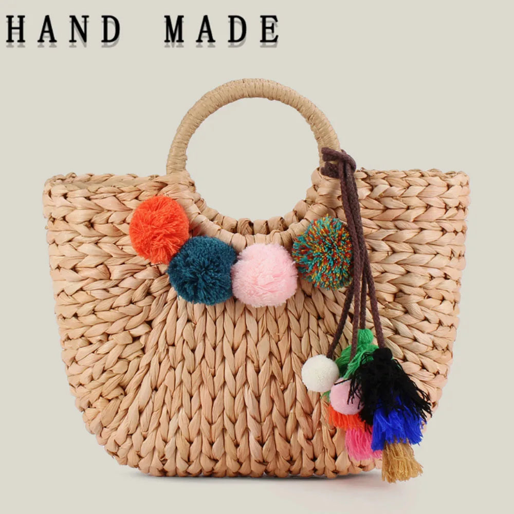 Women Straw Beach Bag Half Round Rattan Tote Handwoven