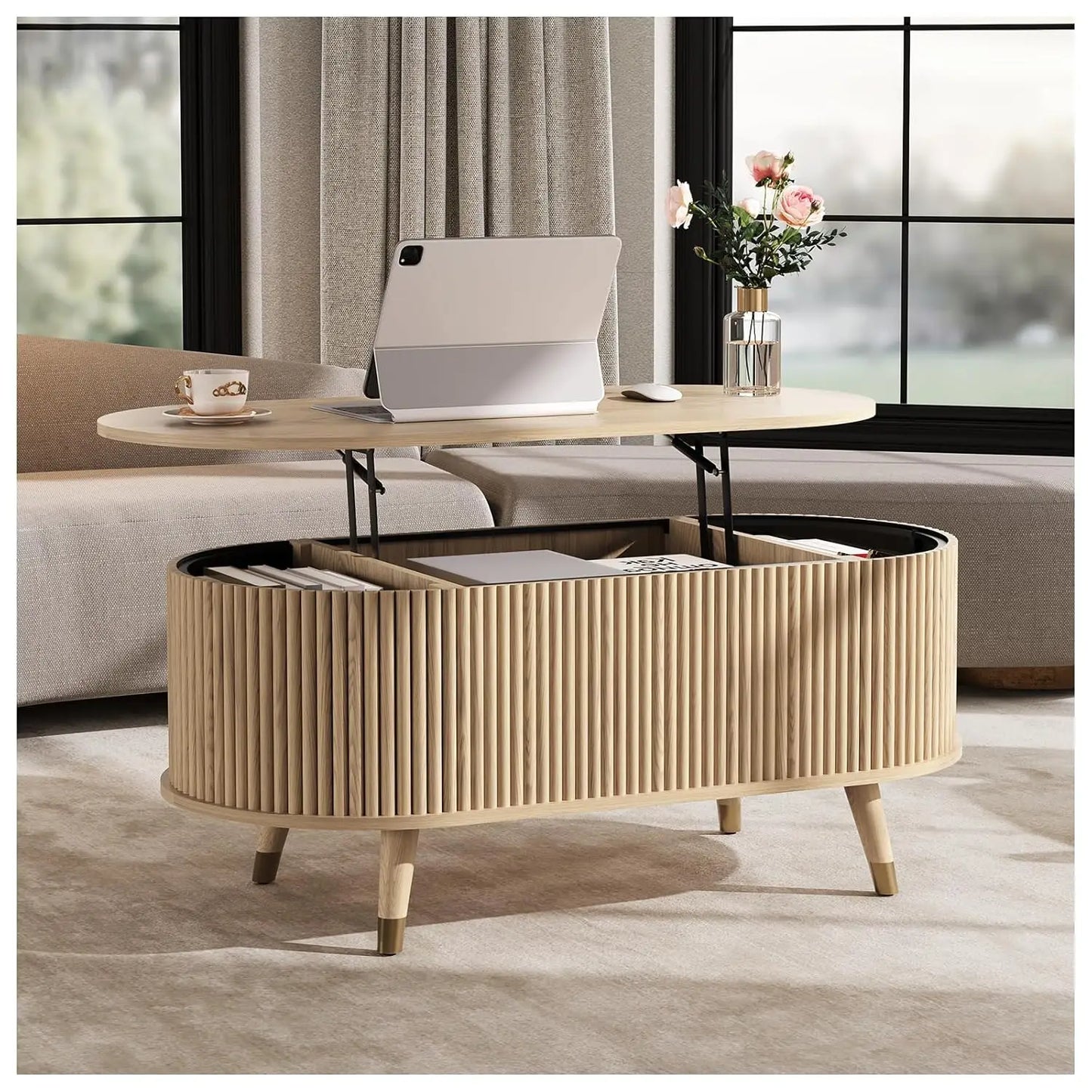 Round Coffee Table with Storage, 31.5" Fluted Center Table for Living Room, Modern Walnut Wood Circle Drum Table, Customized