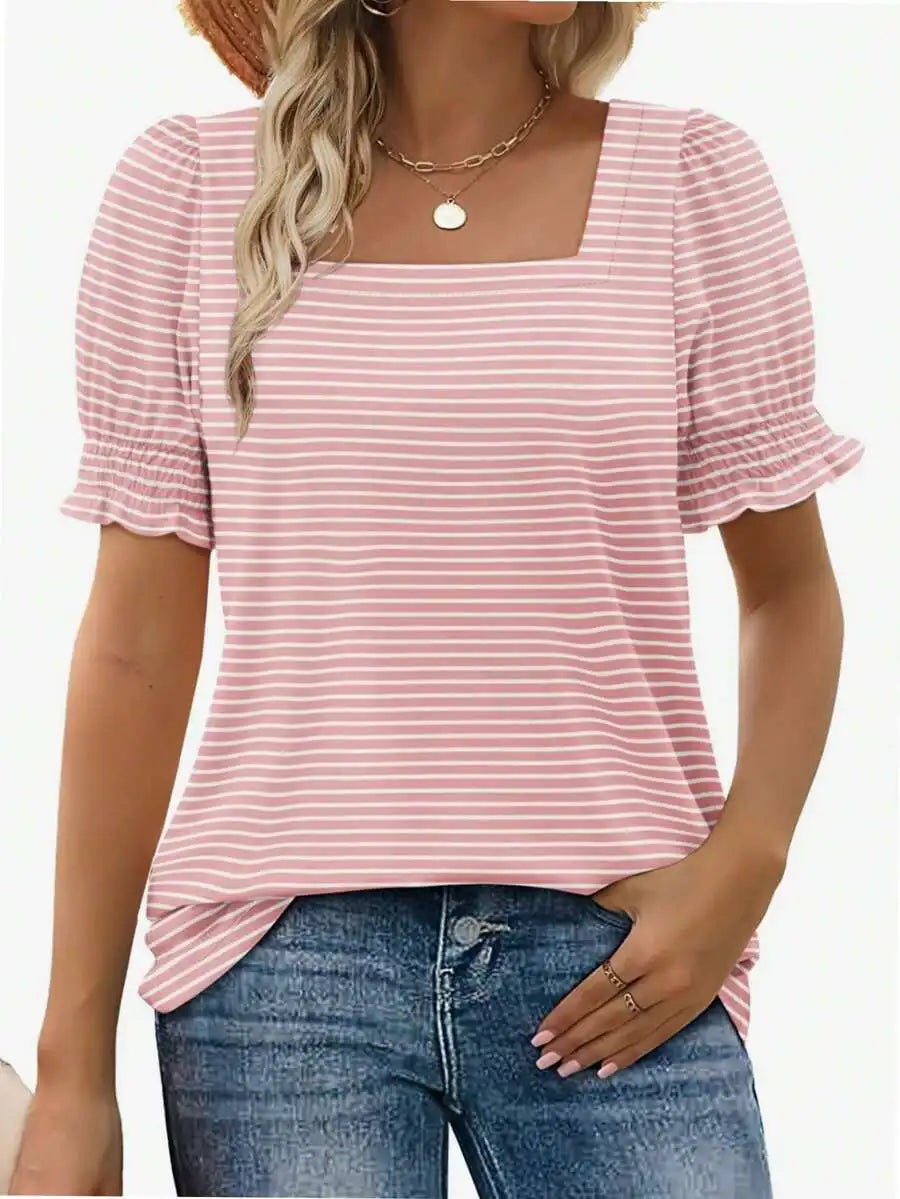 Womens Square Neck Short Sleeve Cotton T Shirt Ruffle Sleeves