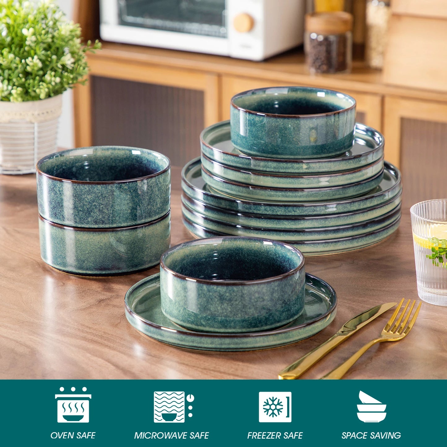 MALACASA Ceramic Dinnerware Set with Reactive Glaze