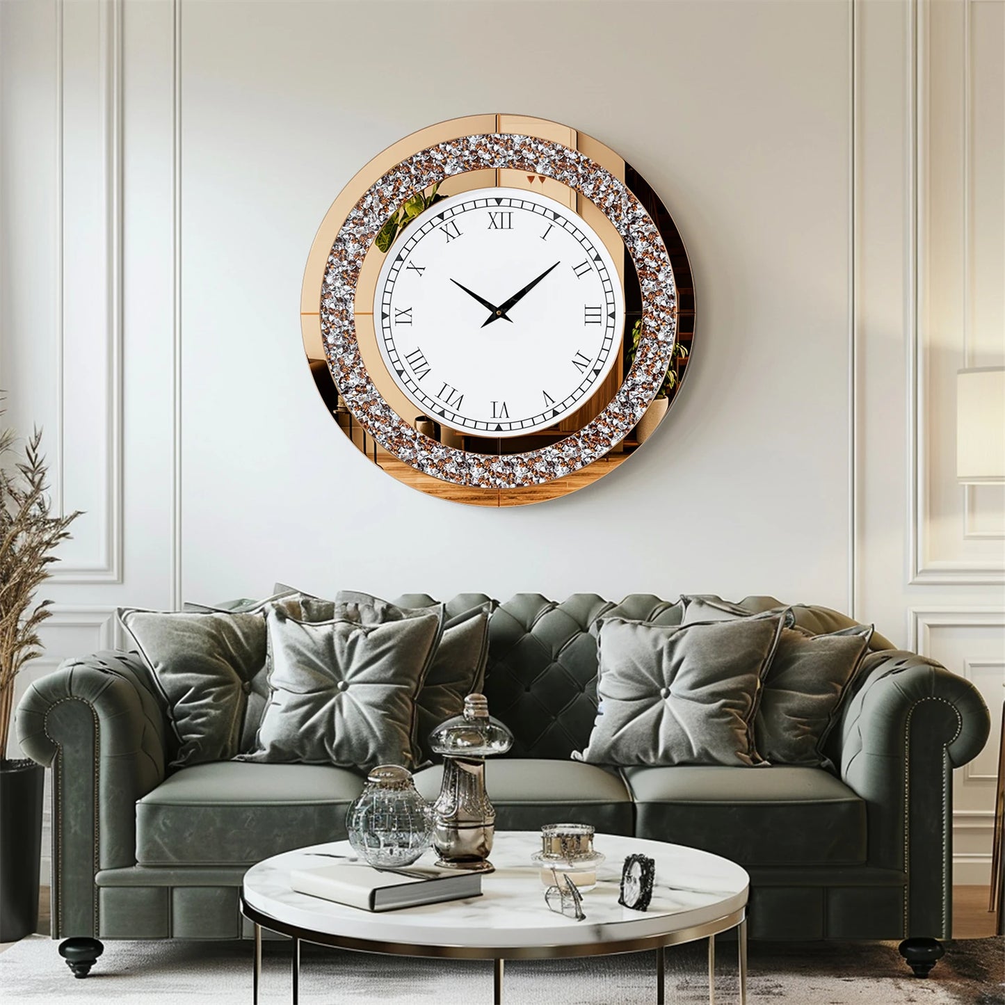 Mirrored Wall Clock With Crystal Accents And Sparkle Design