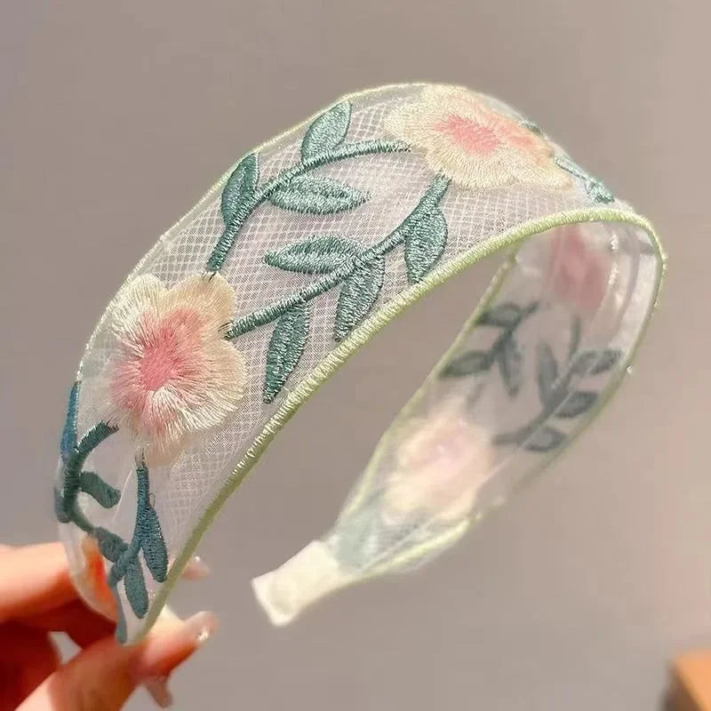Elegant Chiffon Embroidered Flower Headband For Women Hair Accessories