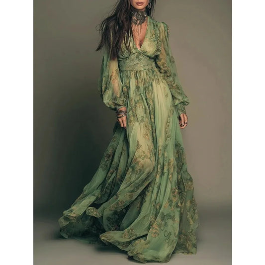 Pastoral Bohemian Print V-Neck Long Sleeve Dress