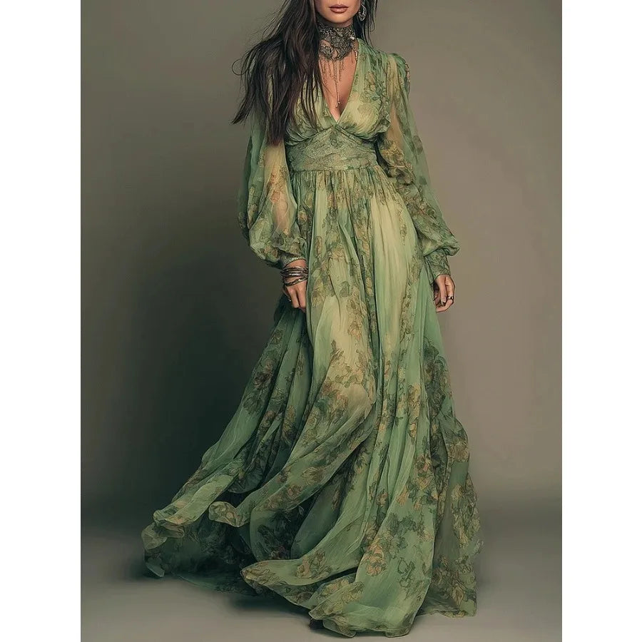 Elegant Pastoral Bohemian Print V Neck Long Sleeve Dress