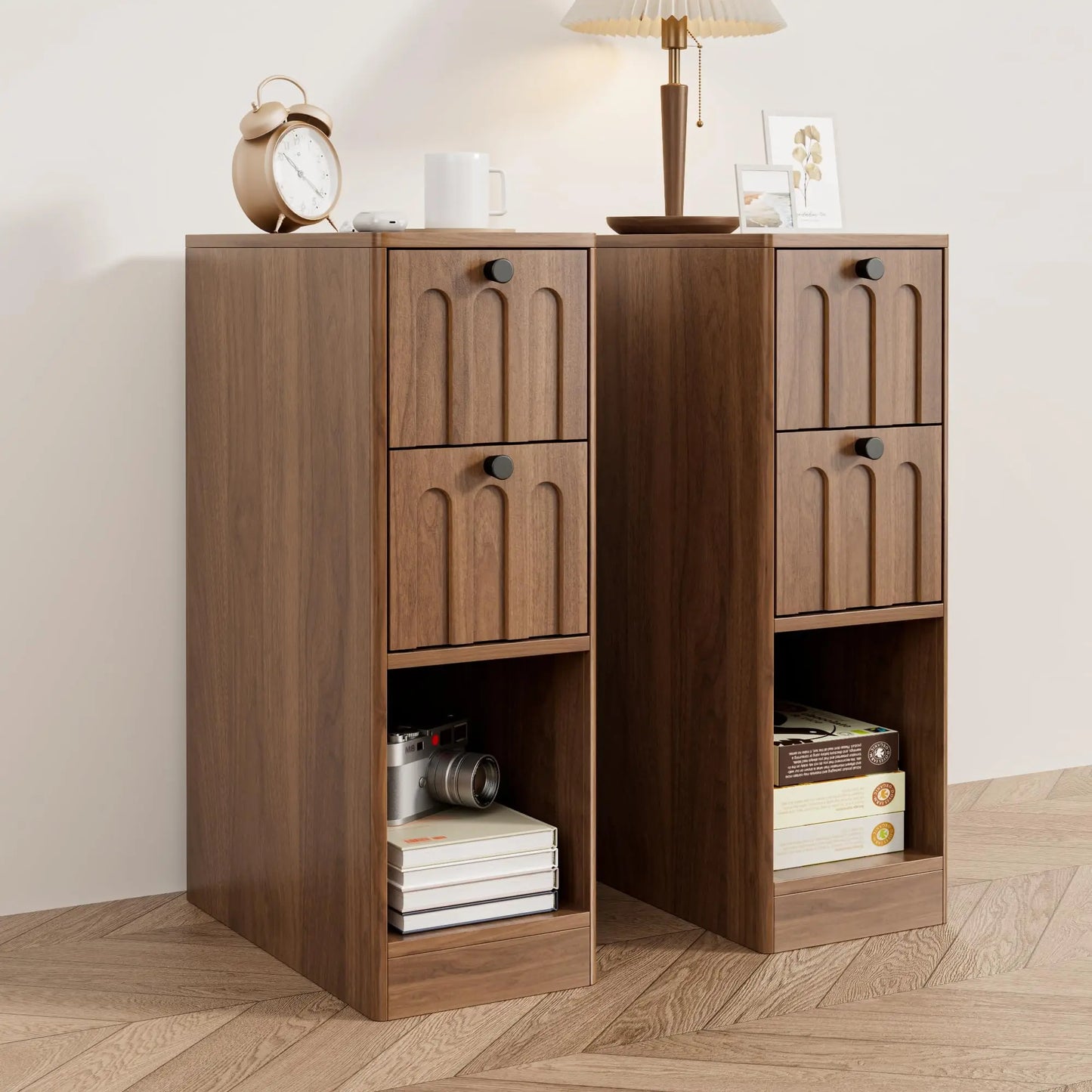 Narrow Fluted Wooden Nightstand With 2 Drawers Slim Bedside Cabinet