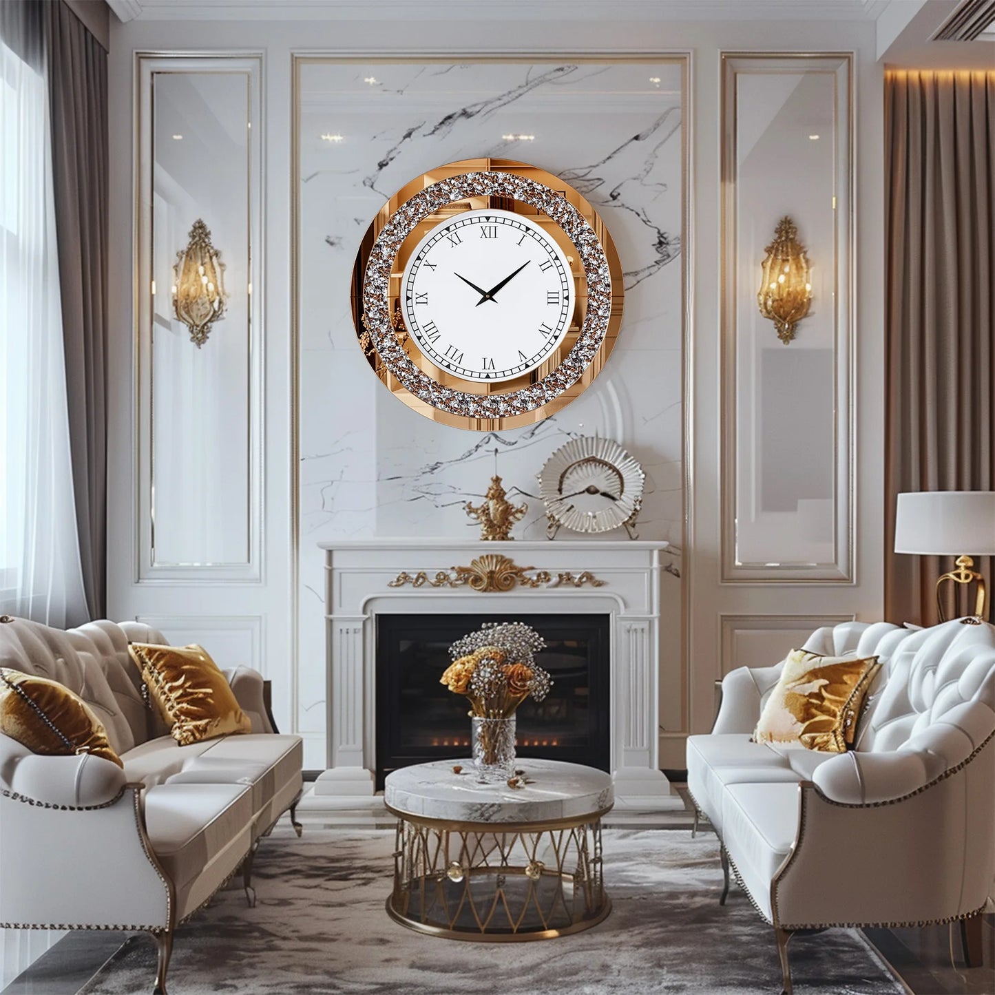 Round Mirror Wall Clock With Crystal Sparkle For Living Room