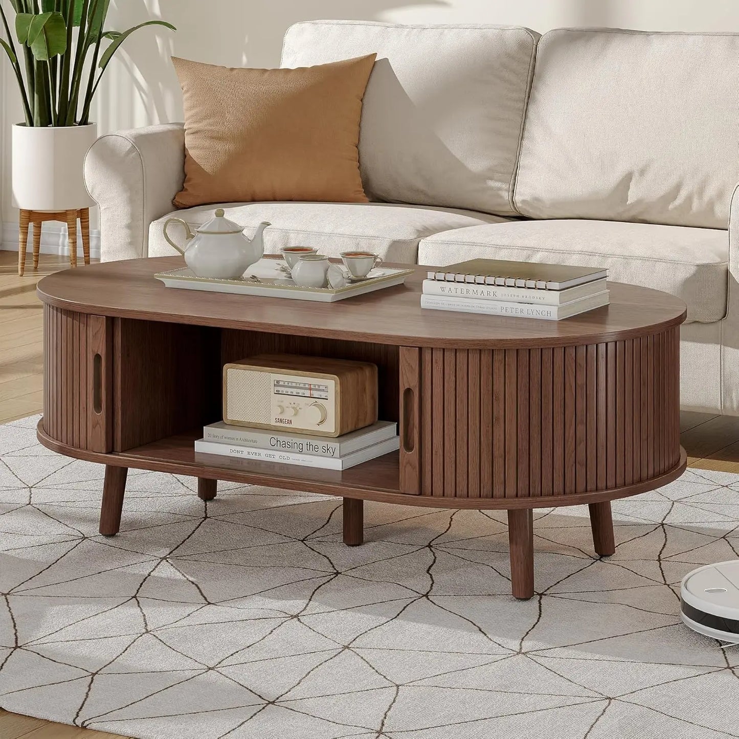 Mid Century Oval Coffee Table With Sliding Tambour Door