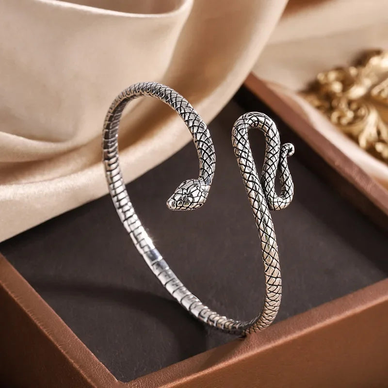 Retro Snake Shape Bracelets 925 Sterling Silver Unisex Open Bangles