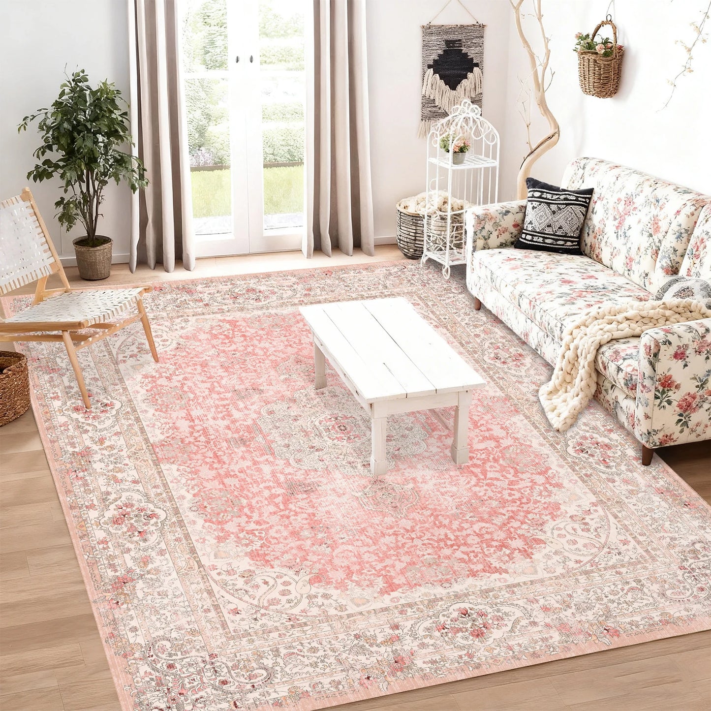 Washable Kilim Floral Living Room Carpet Rug Polyester