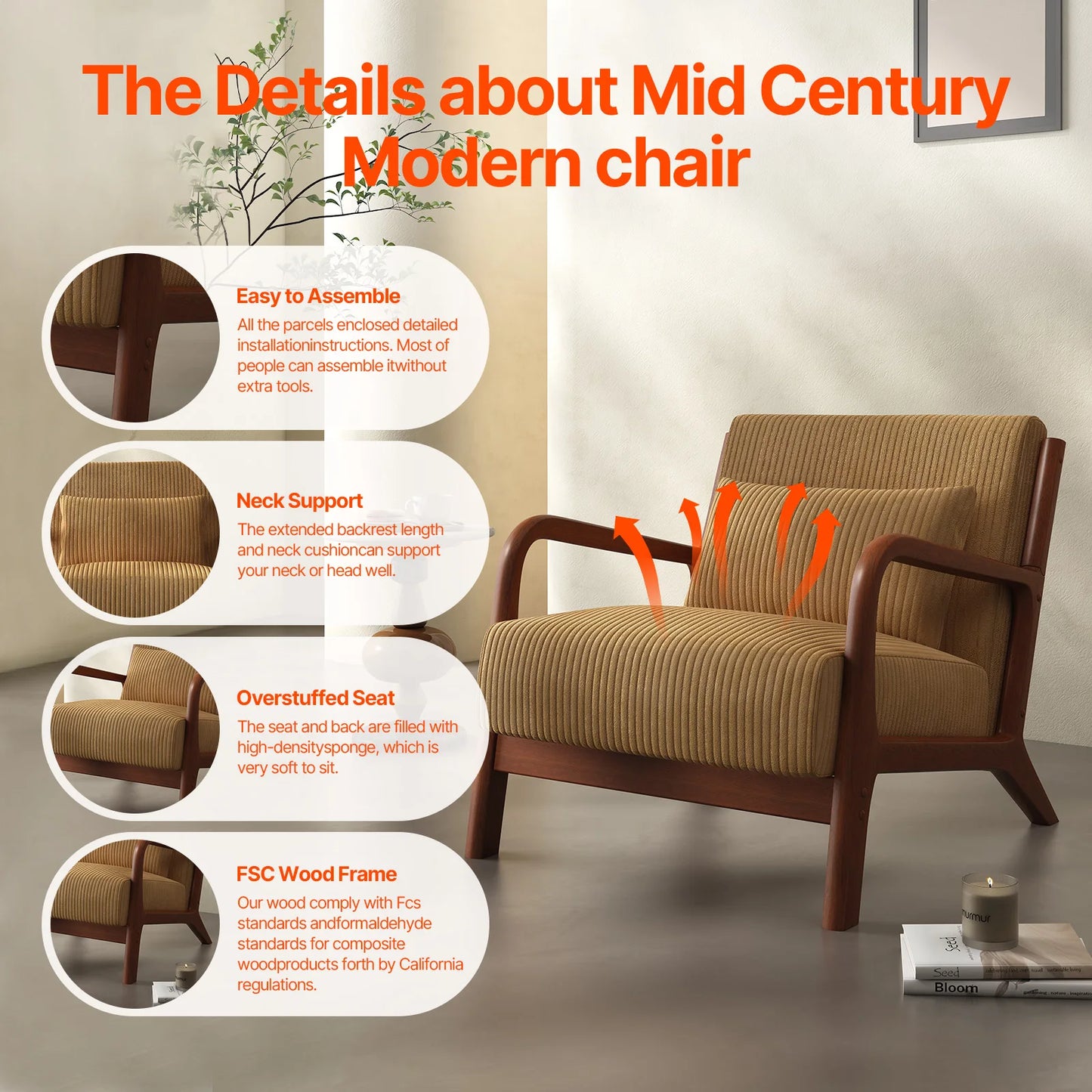 QWC Mid Century Modern Accent Chair With Fabric Wood Frame