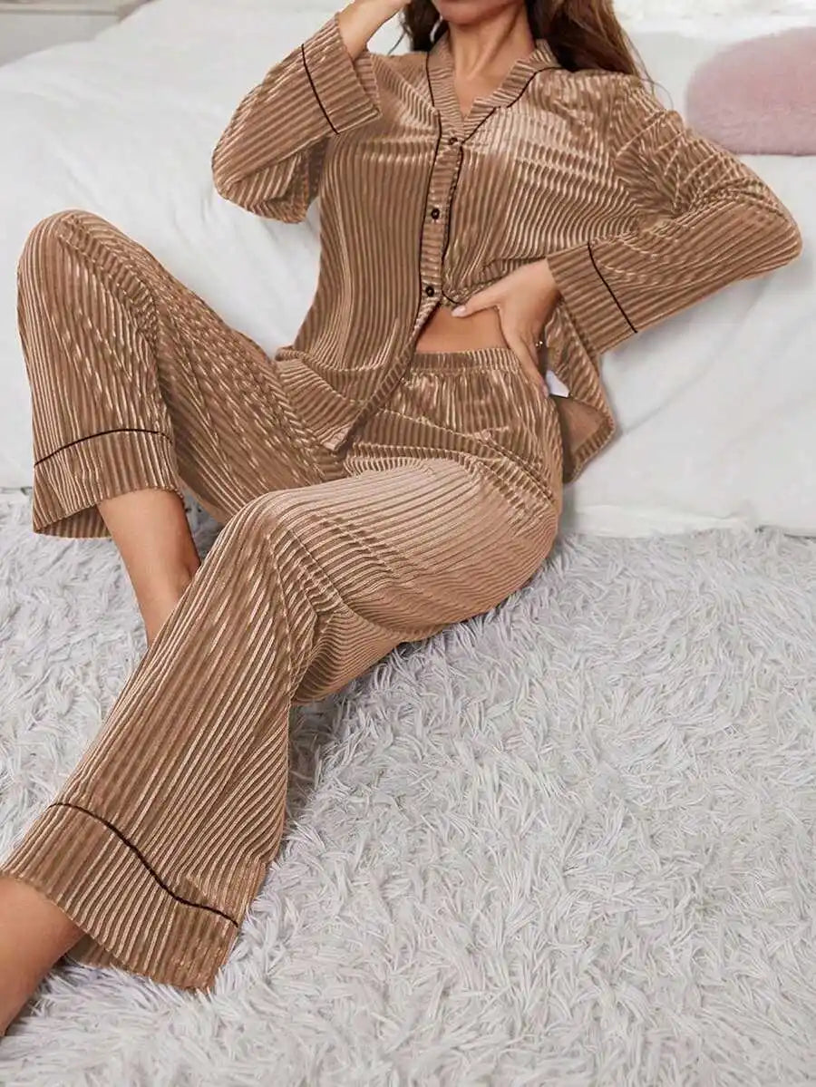 Velvet Long Sleeve Pajama Set With Ribbed Texture
