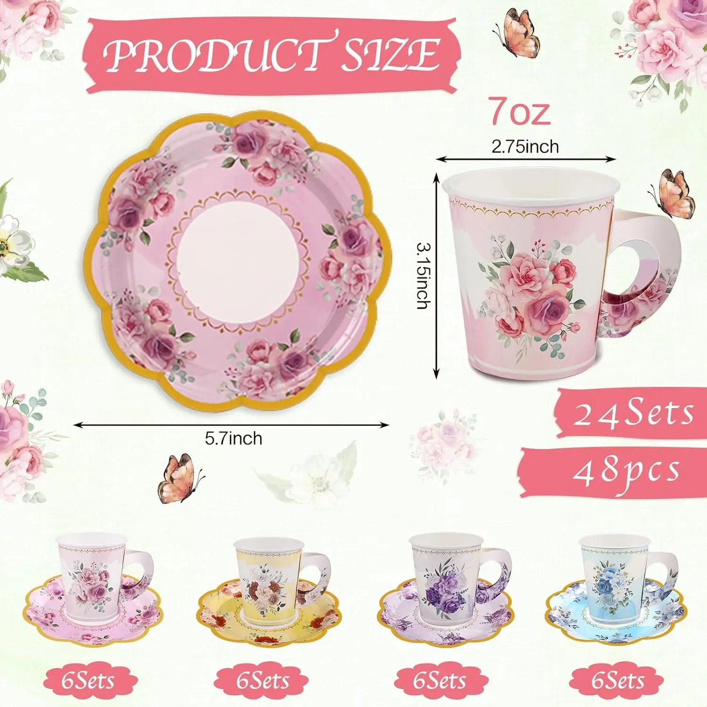 Floral Disposable Tea Cup Set With Handles And Saucers