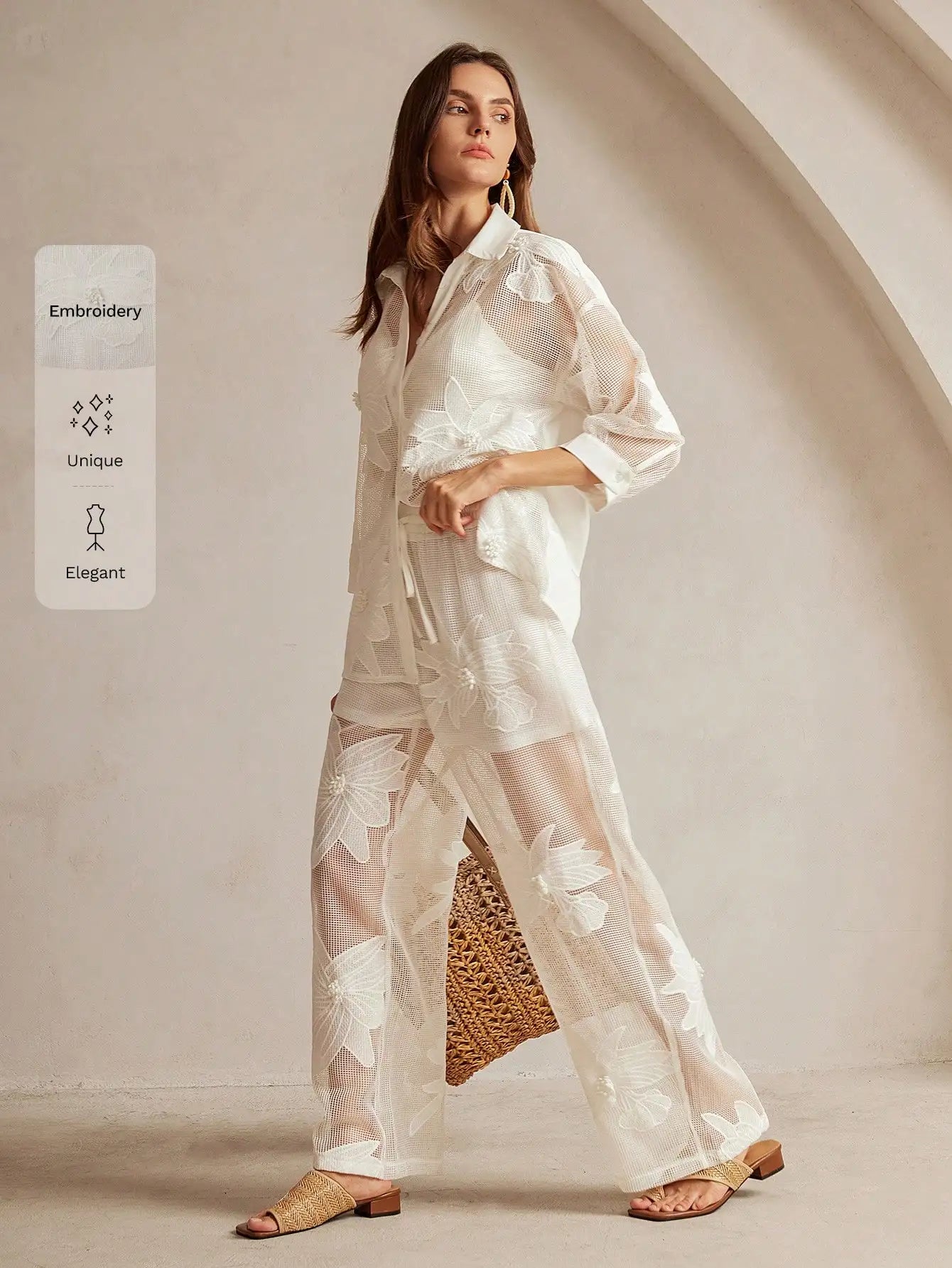 Two Piece Hollow Embroidery Floral Casual Set for Women