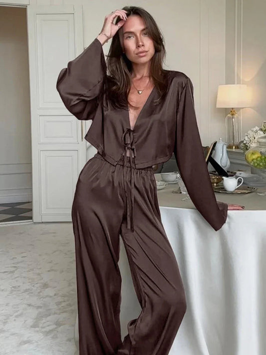 Blubelle Simulation Silk Cardigan Tie Pajamas Two-piece Set Loose Long sleeved Pants Casual Home Clothing Women's Nightgow Set