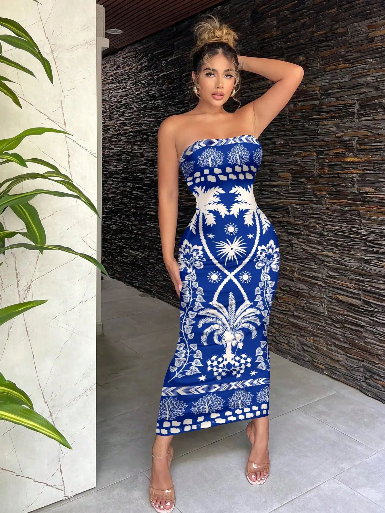 Bohemian Green Tropical Print Strapless Bodycon Dress For Vacation
