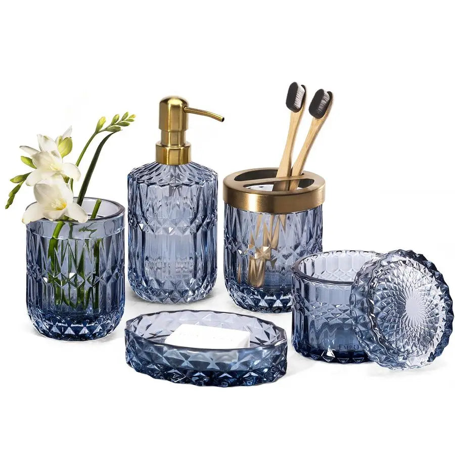 6PCS Bathroom Clear Glass Accessories Set Lotion Soap Dispenser, Soap Dish, Toothbrush Holder, Tumbler, Cotton Swab Jar, Contrar