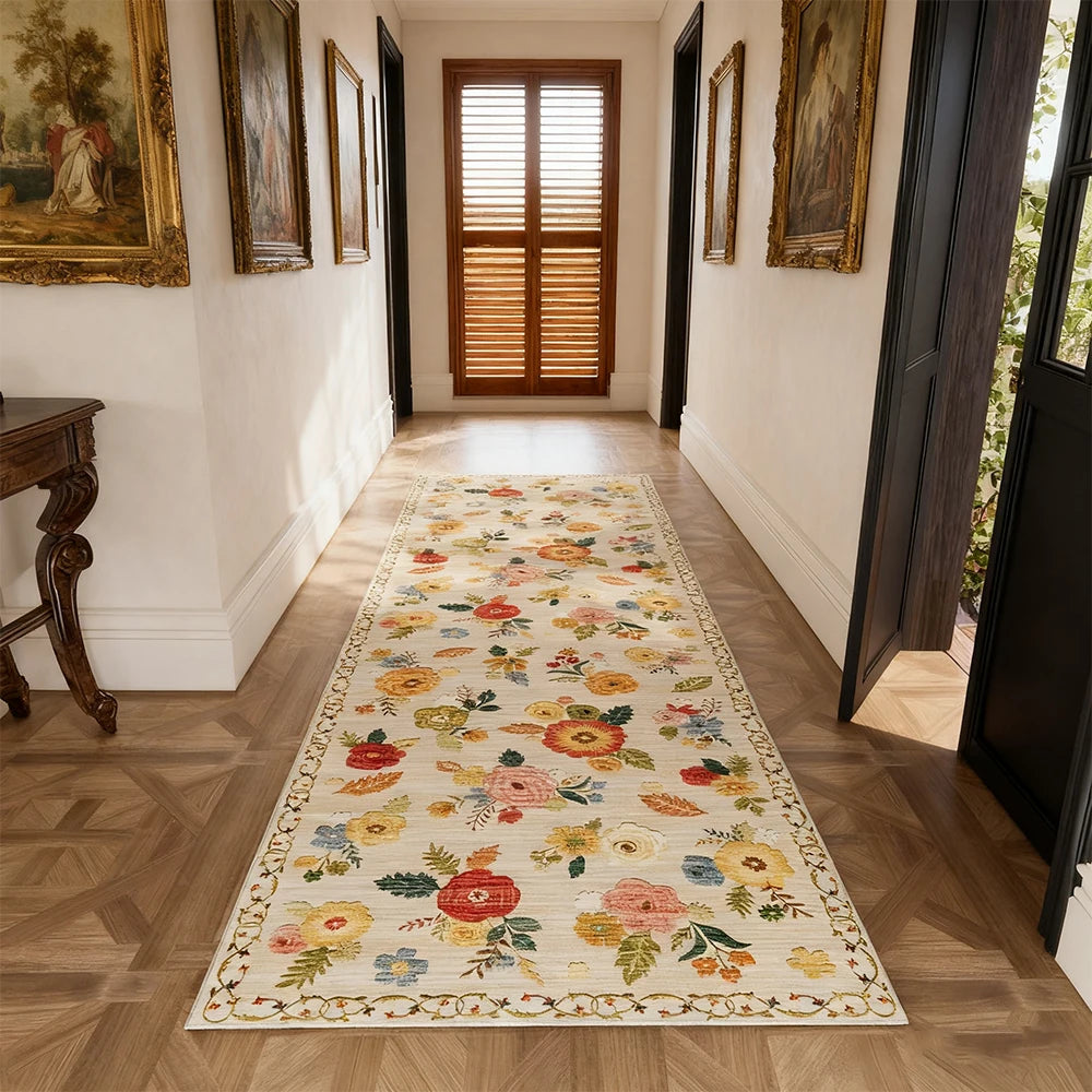 Boho Kilim Floral Polyester Area Rug Machine Washable Low Pile