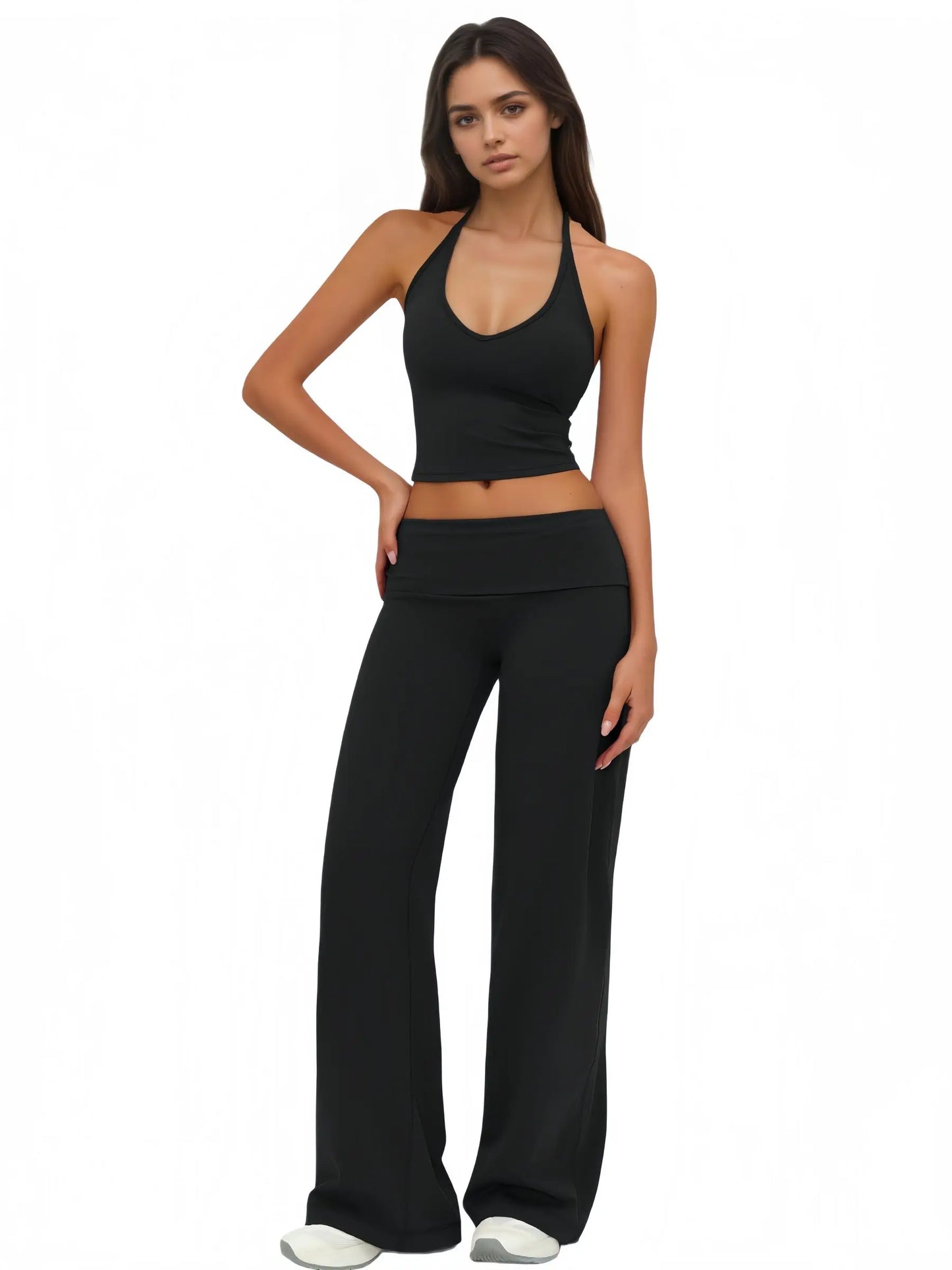 Airila Halter V Neck Yoga Set Two Piece Backless Crop Top Flared Pants