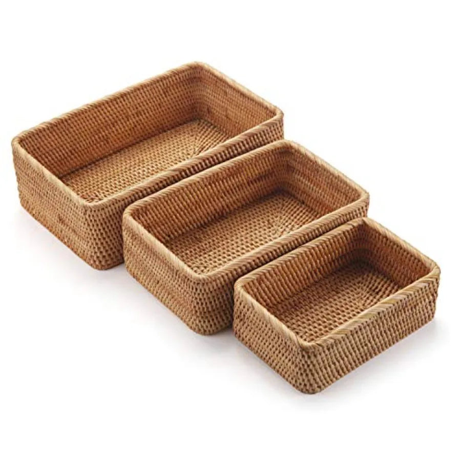Natural Bamboo Rattan Storage Baskets Set Of 3 For Fruit