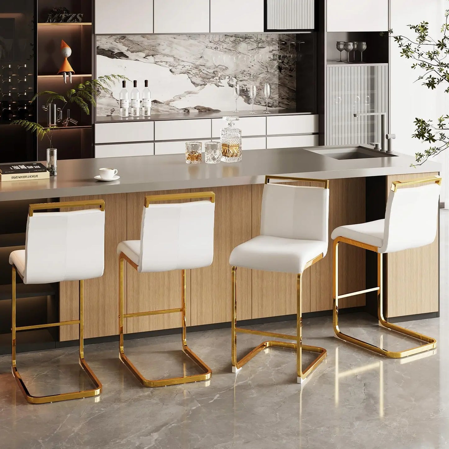 Bar Stools Set of 4,Gold Bar Stools with Back,25" White Island Chairs with Gold Plated Metal Leg,Faux, Customized