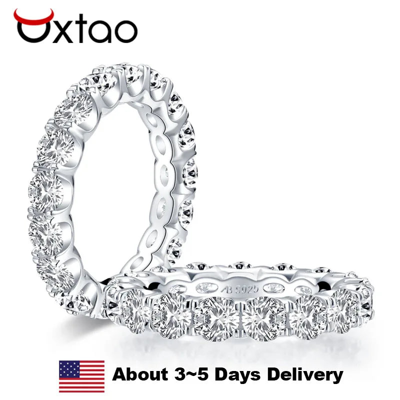 OXTAO 4mm Round Cut Eternity Band Ring Zircon 925 Sterling Silver Engagement Wedding Rings for Women Men Promise Jewelry Gift