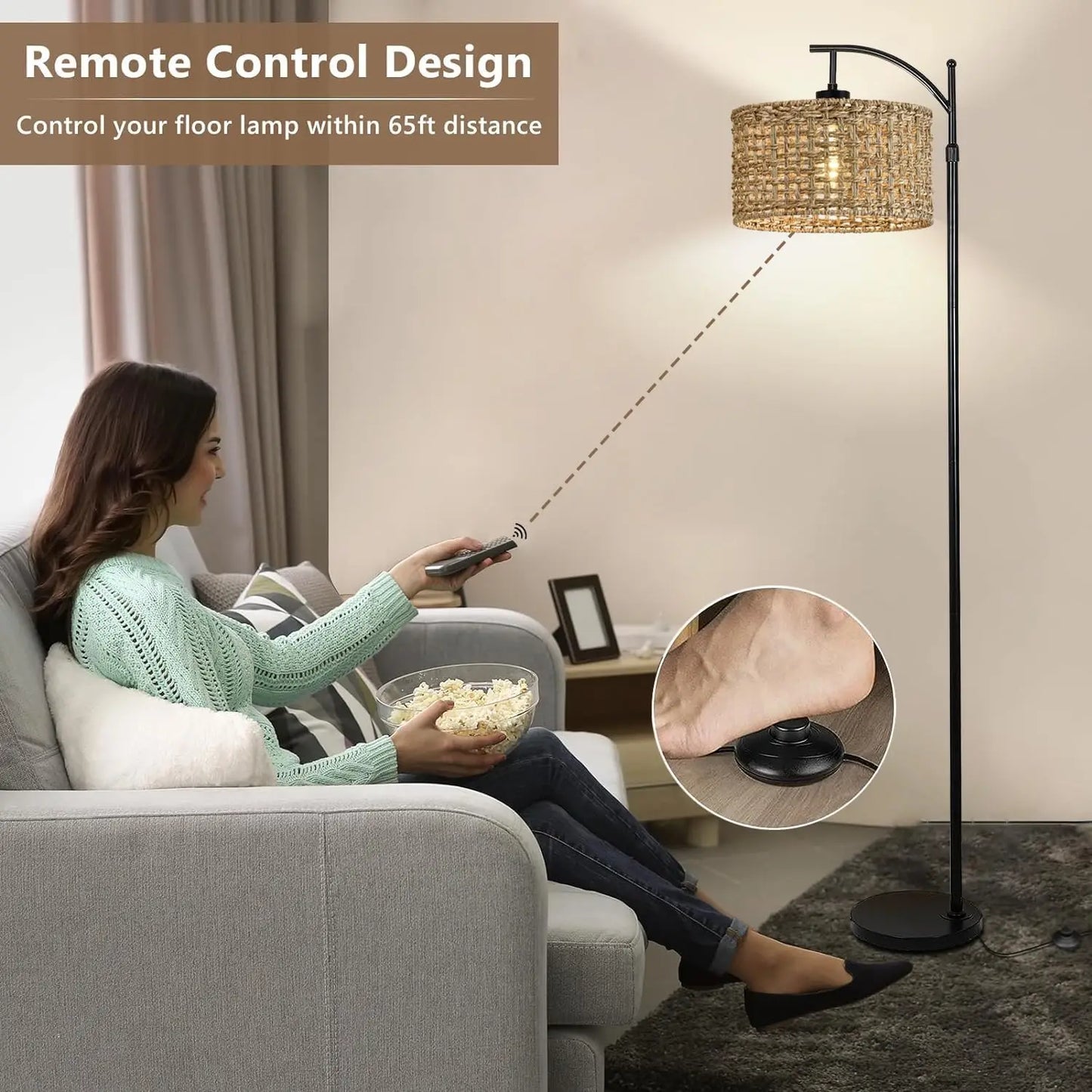 Remote Control Arc Floor Lamp with Adjustable Height and Color Temperature, Rattan Shade for Living Room Bedroom Office