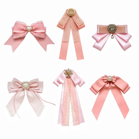 Korean Fabric Bow Brooch, Women's Pink Lace Solid Crystal Pearl Collar Pin, Academy Style Fashion Jewelry Badge Accessory