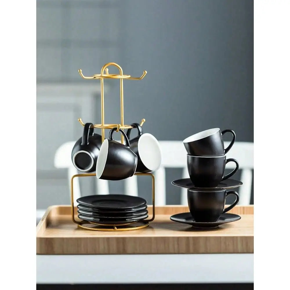 Ceramic Espresso Cups With Saucers And Metal Stand