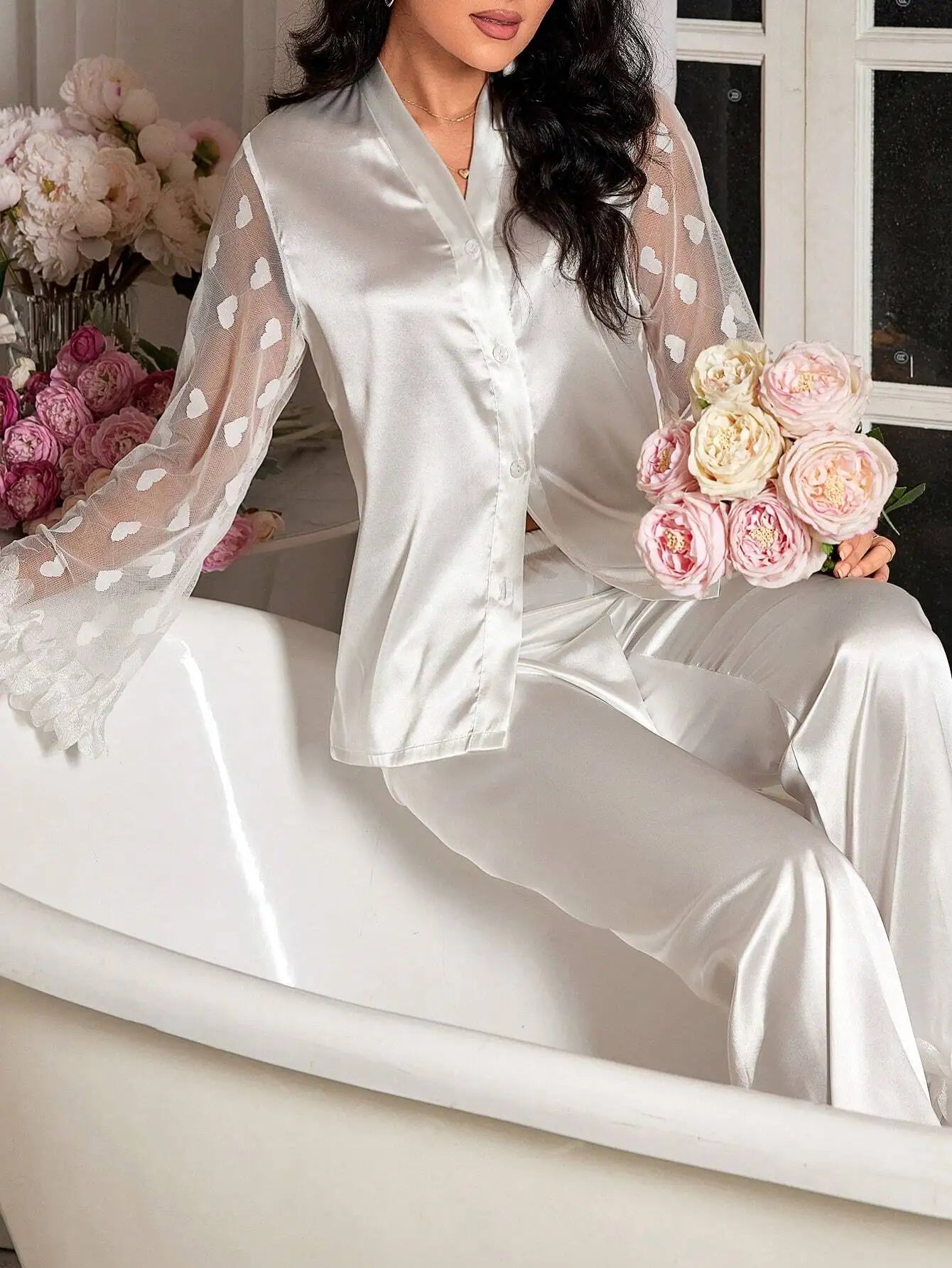 Satin Pajama Set With Floral Lace Sleeves And Ruffled Hem